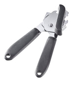 Blikopener met grijze handgrepen en metalen openkop, bedoeld voor blikken