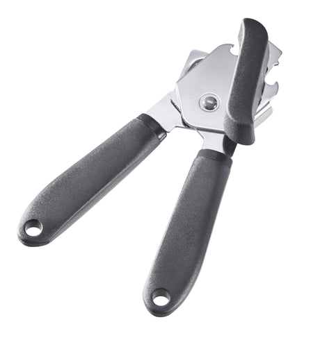 Blikopener met grijze handgrepen en metalen openkop, bedoeld voor blikken