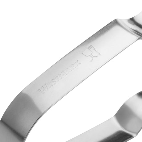 Westmark dunschiller: close-up van roestvrijstalen mes met logo