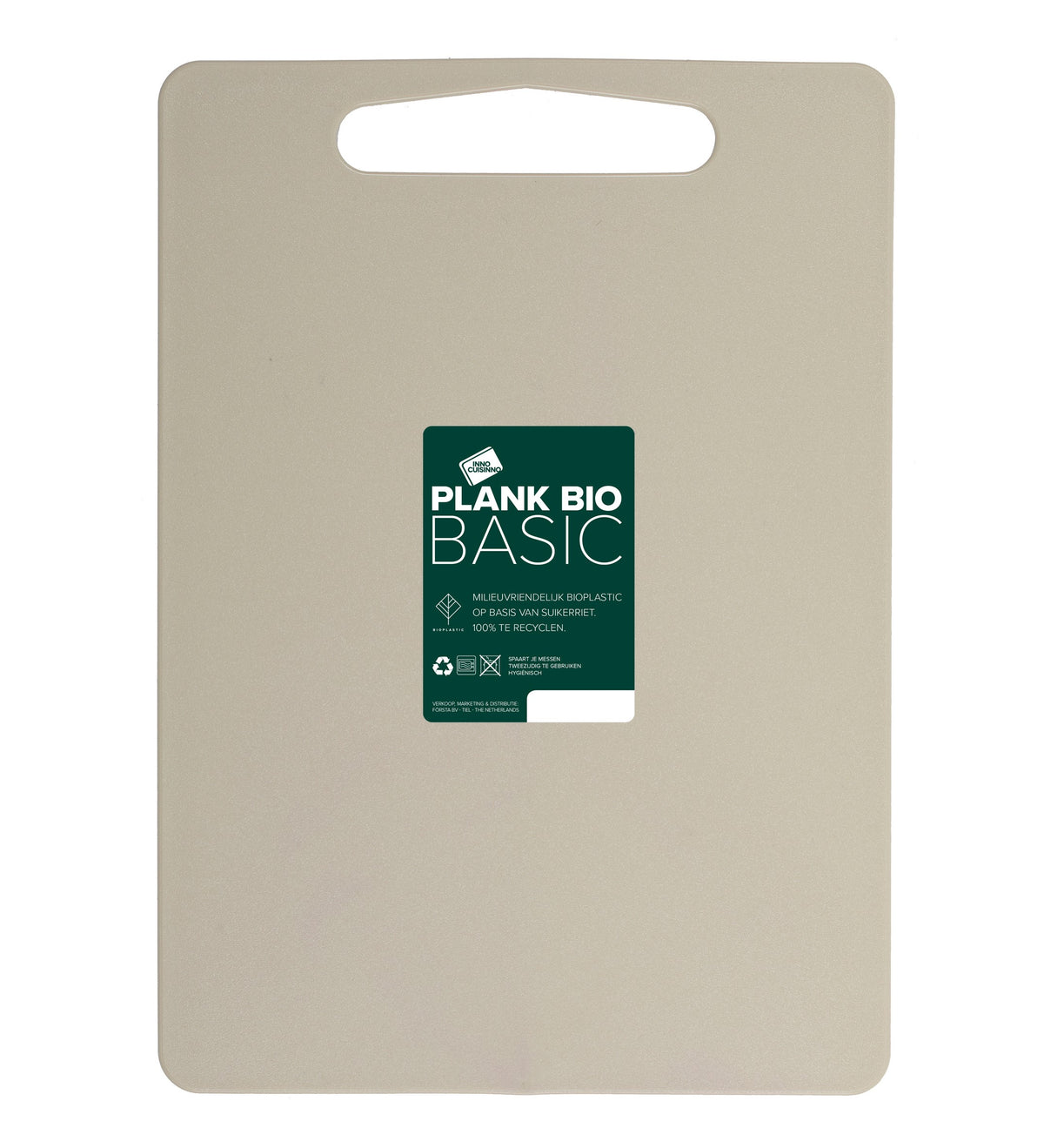 Beige Inno Cuisinno snijplank Bio met draaggreep en label