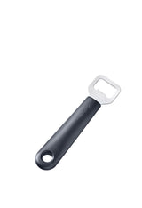 Flessopener met zwarte greep en metalen openkop met ringvormige opening