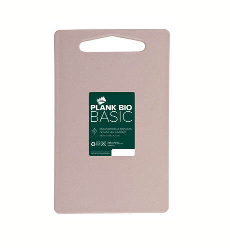 Grote roze snijplank met handgreepgat en Bio Basic-label