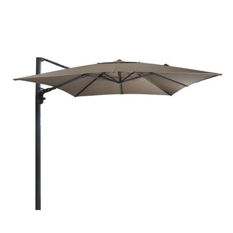 Taupe zweefparasol met open doek en metalen frame