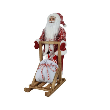 Rode kerstman met slee: witte baard, rode ruitjas en houten slee met decoratie