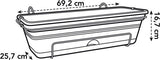 Rechthoekige balkonbak met ophanglussen, afmetingen 69,2 cm breed en 16,7 cm hoog.