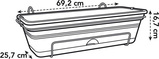 Rechthoekige balkonbak met ophanglussen, afmetingen 69,2 cm breed en 16,7 cm hoog.