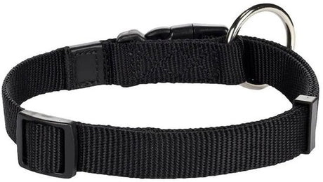 Zwarte nylon halsband met gespsluiting en metalen D-ring