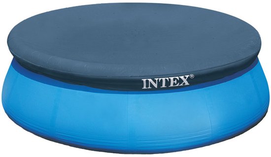 Rond zwembadafdekzeil met donkerblauwe hoes en blauwe zijwand met INTEX-logo