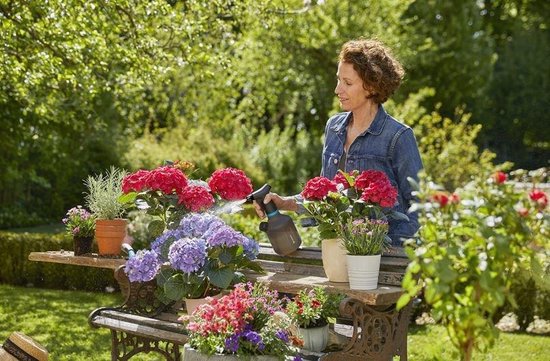 Gardena plantenspuit met blauwe band in hand, sproeiend water over bloemen