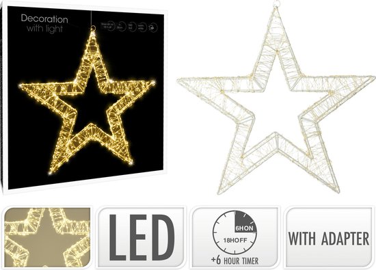Metalen kerstster met warmwitte LED’s, timer en adapter, sterdisplay op doos