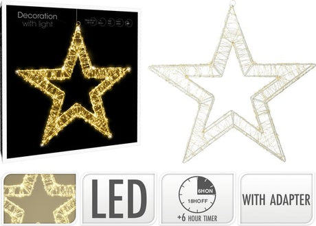 Metalen kerstster met warmwitte LED’s, timer en adapter, sterdisplay op doos