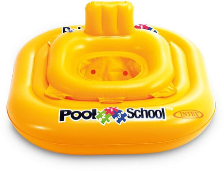 Gele opblaasbare babyzwemring met rugsteun en Pool School-opdruk
