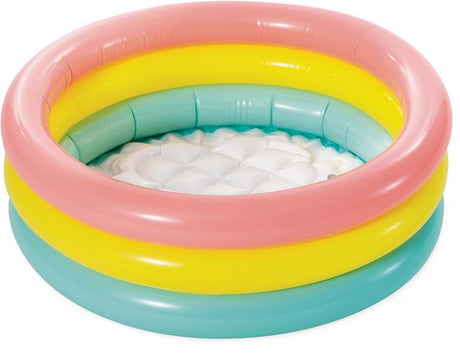Opblaasbaar babyzwembad met ronde rand in roze, geel en groen, met witte ballen