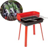 Compacte rode barbecue met zwarte vuurkom en metalen kookrooster