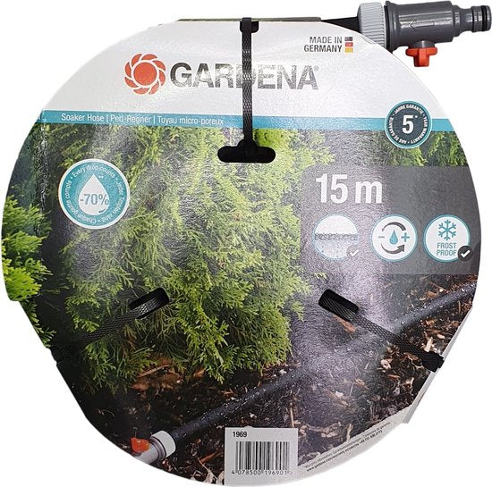 GARDENA druppelslang 15 m op karton met sproeikop en koppeling