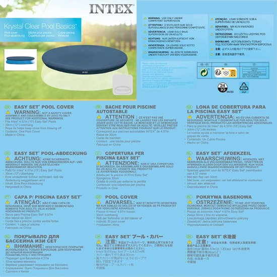 Intex zwembadafdekzeil doos achterzijde met instructie- en waarschuwingsiconen