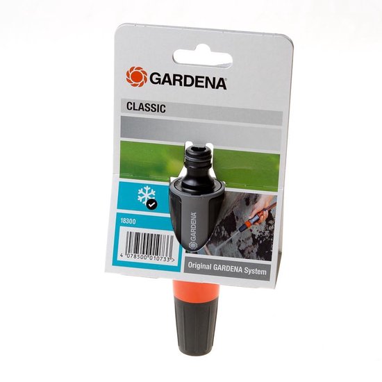 GARDENA Classic tuinsproeipistool in verpakking, zwart met oranje detail.
