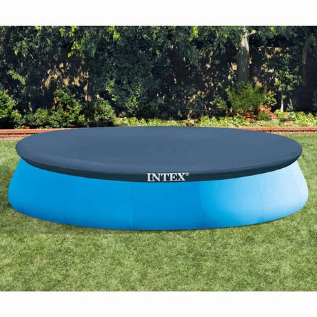 Rond zwembadafdekzeil met donkerblauwe hoes en witte onderrand met INTEX-logo