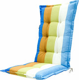 Hoge rugkussen met blauwe randen, gestreept blauw/wit/groen/bruin en koordsluiting