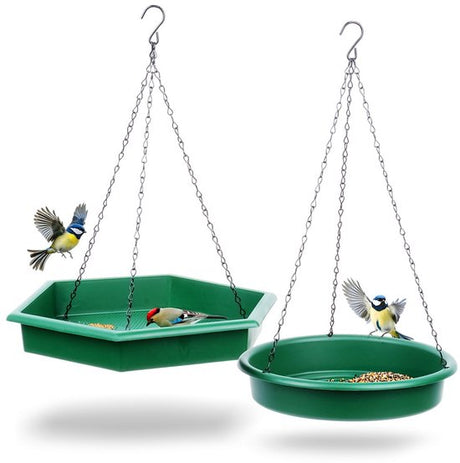 Groen vogelvoederhuisje met hangende voerbak en drinkbak, met kettingen.
