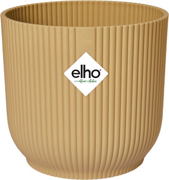 Ronde geribbelde plantenpot buttergeel met elho-logo op de voorkant