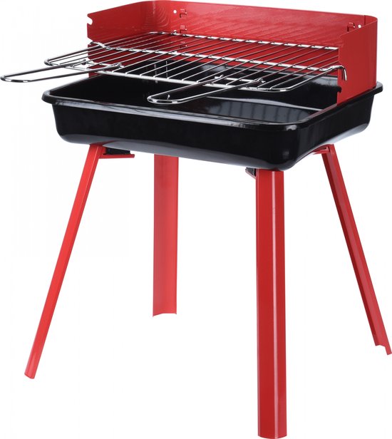 Compacte barbecue: rode poten, zwarte kom met rooster en vetopvangschaal