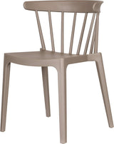 Taupe kunststof eetkamerstoel met ronde rugleuning, verticale spijlen en stevige poten.
