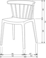 Taupe kunststof eetkamerstoel met ronde rug en verticale spijlen, rechte poten.