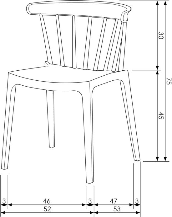 Taupe kunststof eetkamerstoel met ronde rug en verticale spijlen, rechte poten.