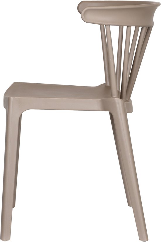 Taupe kunststof eetkamerstoel met armloze zitting en hoge rug, verticale spijlen.