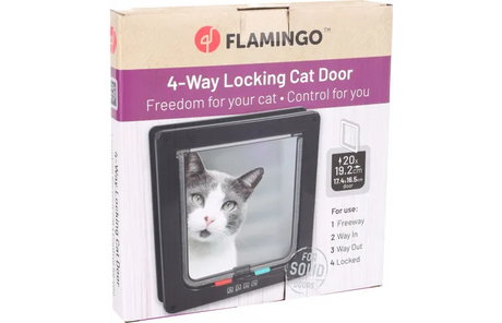 Verpakking van Flamingo kattenluik met 4-standen vergrendeling