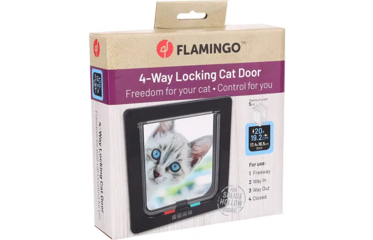 Verpakking van Flamingo 4-standen kattenluik met vergrendeling