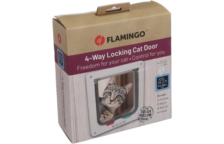 Verpakking van Flamingo 4-standen kattenluik met tunnel, Badi wit