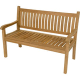Teak tuinbank met gebogen rugleuning en lattenzitting, houten armleuningen