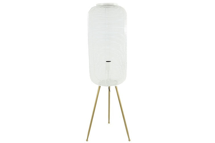 Staande lamp Loise L met witte stoffen kap en driepoot van hout