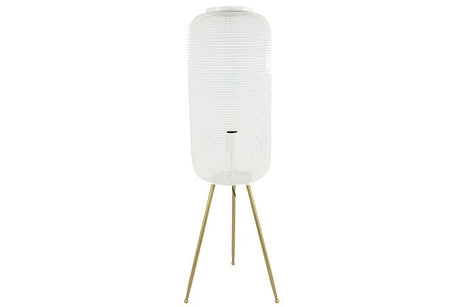 Staande lamp Loise L met witte stoffen kap en driepoot van hout