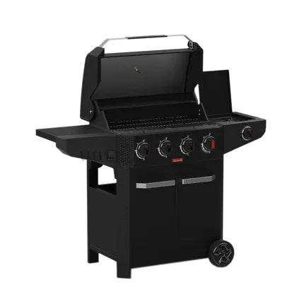 Zwart open gasbarbecue met grillroosters, bedienknoppen en opbergdeurtjes