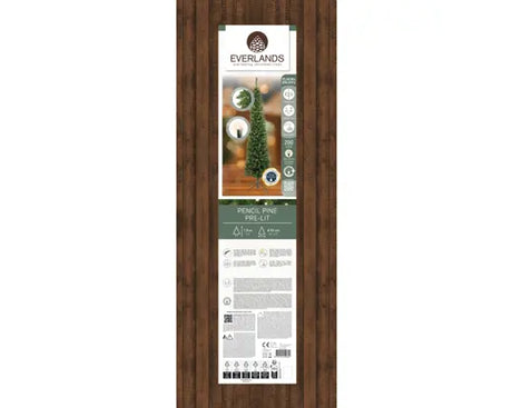 Everlands productverpakking voor pencil pine kunstkerstboom met LED-verlichting.