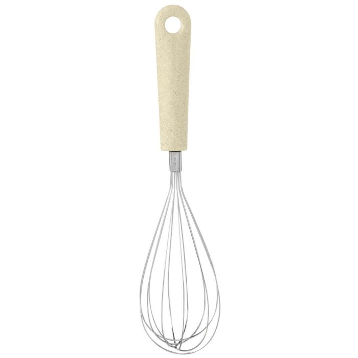 Keukenklopper met lichtbeige handvat en metalen garde-draden
