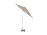 Taupe parasol met doek in zijaanzicht, centrale mast en voetplaat