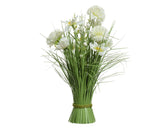 Polyestergras decoratiebundel met witte bloemen en groenige stelen