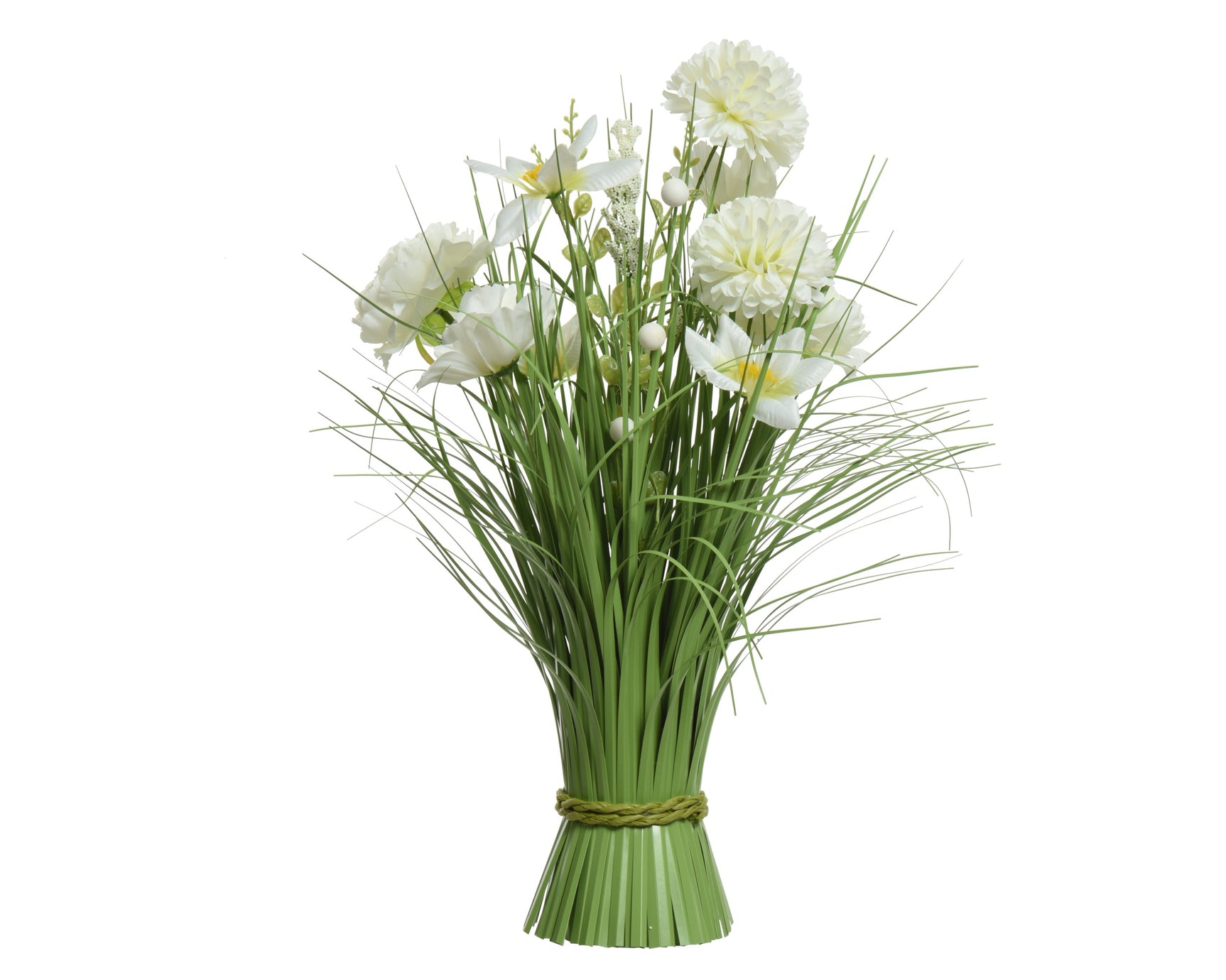 Polyestergras decoratiebundel met witte bloemen en groenige stelen