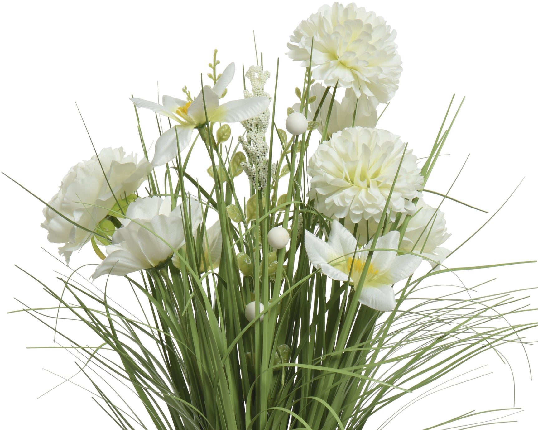 Polyestergras decoratie met witte bloemen, groene sprieten en losse aren