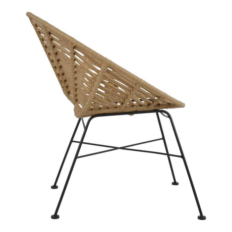 Tuinstoel met naturel gevlochten rug en zitting, zwarte metalen pootjes