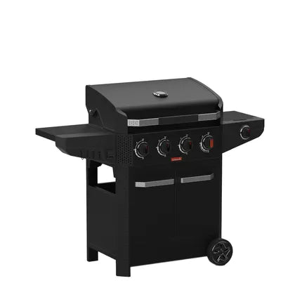 Zwarte gasbarbecue met deksel, bedieningspaneel en zijplank rechts