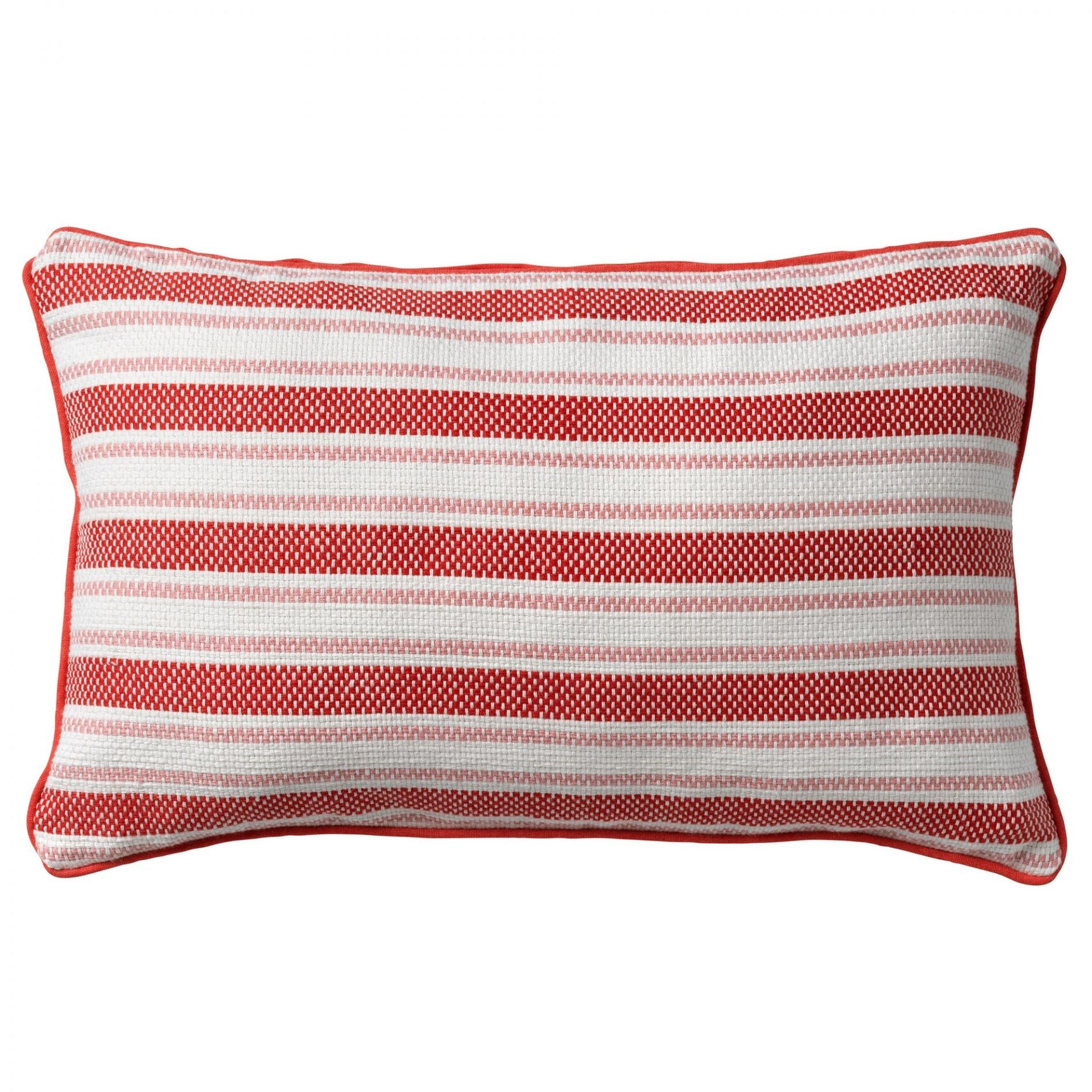 Rood gestreept sierkussen met witte horizontale strepen en rode bies