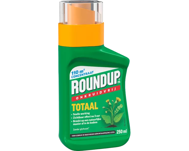 RoundUp onkruidvrij concentraatfles, groene sprayfles met etiket en inhoud 250 ml