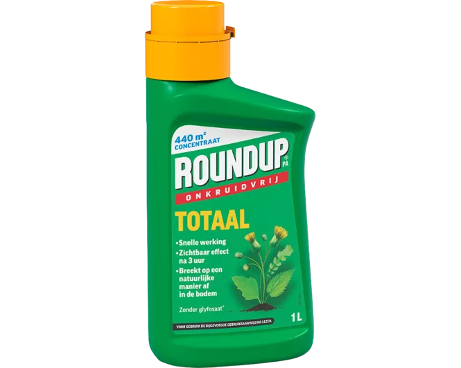 RoundUp onkruidvrij totaal concentraatfles, groene fles met oranje dop en etiket