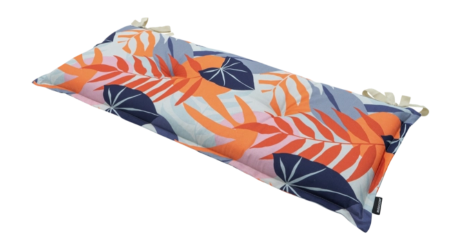 Bankkussen 120x48 met indigo blauwe hoes en oranje bladpatroon, met striksluitingen