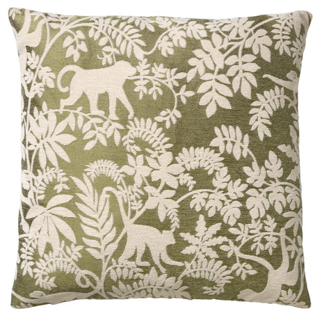 Groen sierkussen 45x45 cm met ivoorkleurig botanisch patroon, vierkante hoes